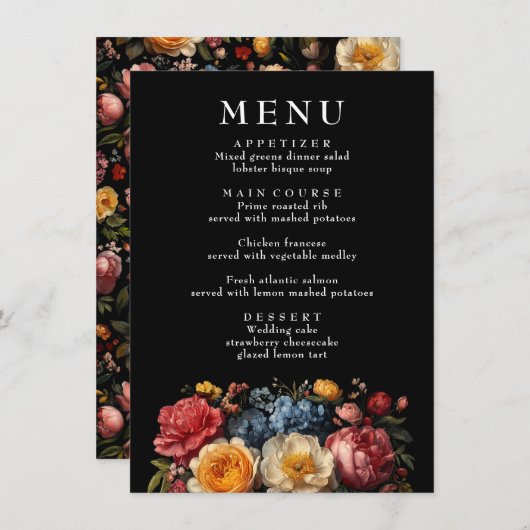 Botanische Bloemen Moody Vintage Wedding Menu (Voorkant / Achterkant)