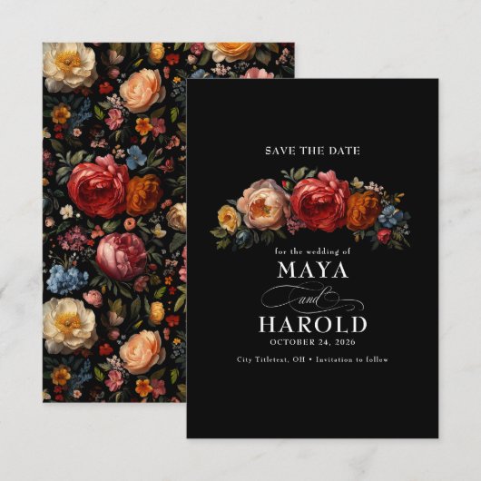 Botanische Bloemen Moody Zwart Chic Wedding Save The Date (Voorkant / Achterkant)