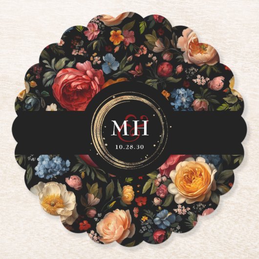 Botanische Bloemen Nederlands Barok Huwelijksmonog Kartonnen Onderzetters (Voorkant)