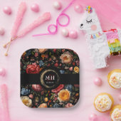 Botanische Bloemen Nederlands Barok Huwelijksmonog Papieren Bordje (Feest)