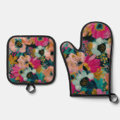 Botanische bloemen ovenwant & pannenlap set (Voorkant)