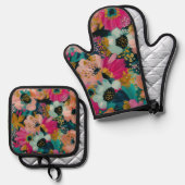 Botanische bloemen ovenwant & pannenlap set (Voorkant / Achterkant)
