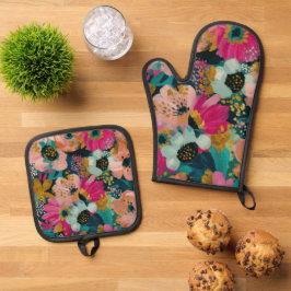 Botanische bloemen ovenwant & pannenlap set