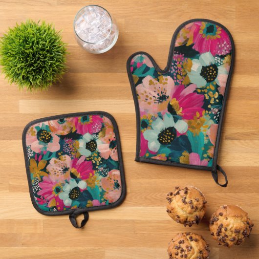 Botanische bloemen ovenwant & pannenlap set (Top down)