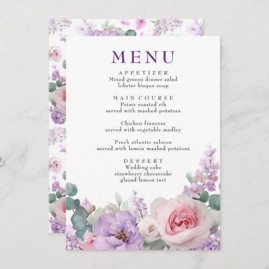Botanische Bloemen Paarse en Roze Trouwmenu Menu (Voorkant / Achterkant)