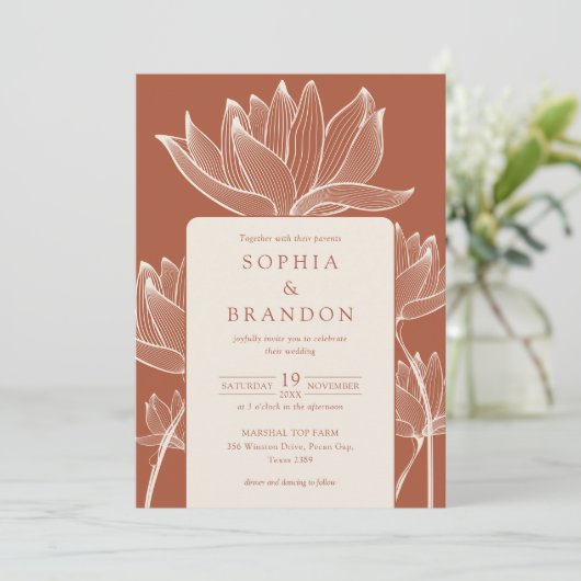 Botanische Bloemen QR Code Terracotta Bruiloft Kaart (Staand voorkant)