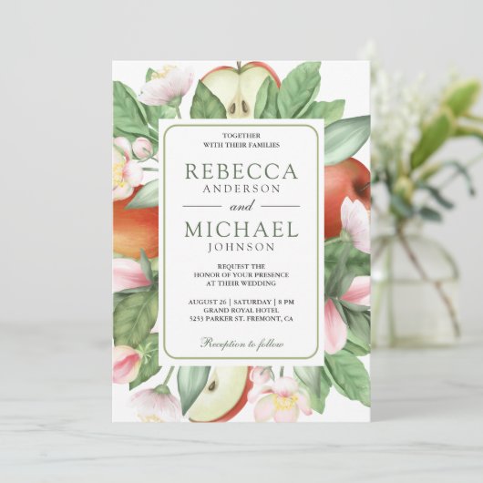 Botanische Bloemen Rode Appel Orchard Bruiloft Kaart (Staand voorkant)