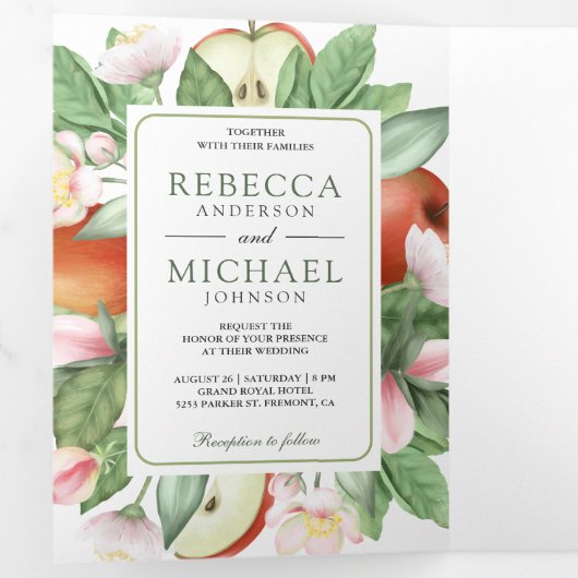 Botanische Bloemen Rode Appelboomgaard QR Code Bru Drieluik Uitnodiging (Binnenzijde eerst)