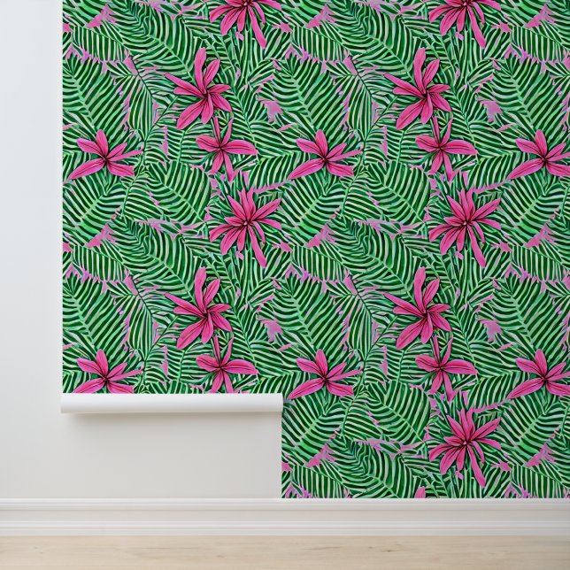 Botanische bloemen roze groen tropische Hawaiiaans Behang (Applicatie)
