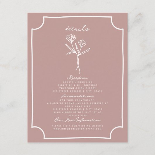 Botanische Bloemen Roze Huwelijk Details Informatiekaartje (Voorkant)