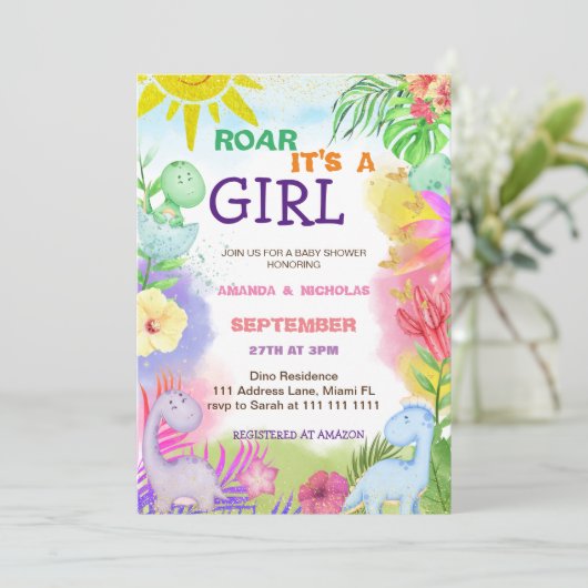 Botanische Bloemen Schattigee Dinosaurus Baby Meis Kaart (Staand voorkant)