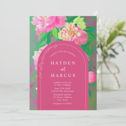 Botanische Bloemen Schilderij Roze Boog Bruiloft Kaart (Staand voorkant)