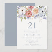 Botanische Bloemen Stoffig Blauw 21ste Verjaardags Kaart (Voorkant / Achterkant)