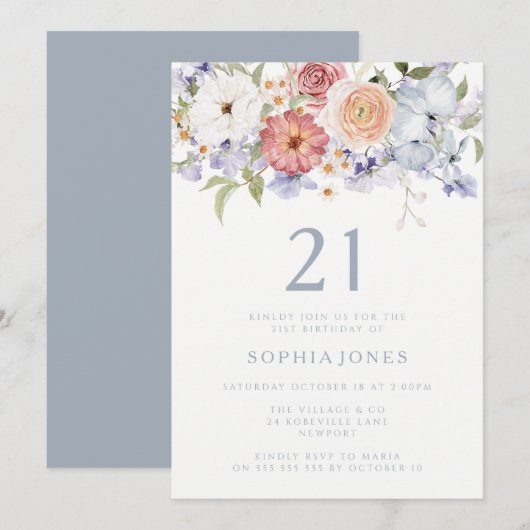 Botanische Bloemen Stoffig Blauw 21ste Verjaardags Kaart (Voorkant / Achterkant)
