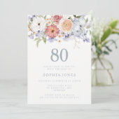 Botanische Bloemen Stoffig Blauw 80ste Verjaardags Kaart (Staand voorkant)