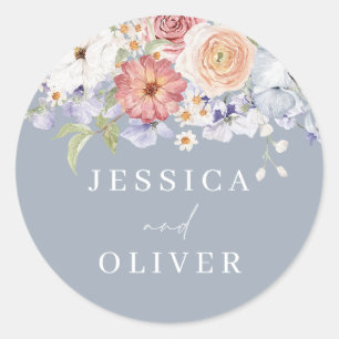 Botanische Bloemen Stoffig Blauw Bruiloft Verlovin Ronde Sticker