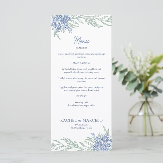 Botanische Bloemen Stoffig Blauw Marine Huwelijk Menu (Staand voorkant)