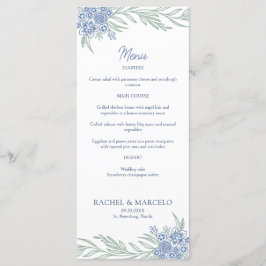 Botanische Bloemen Stoffig Blauw Marine Huwelijk Menu