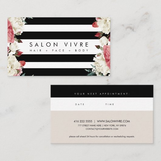 Botanische bloemen Stripes Salon Appointment Card Visitekaartje (Voorkant / Achterkant)