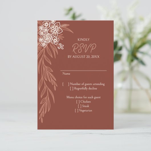 Botanische bloemen Terracotta bruiloft RSVP Kaartje (Staand voorkant)