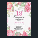 Botanische Bloemen Verrassing 18e verjaardag Uitno Kaart<br><div class="desc">Botanical Floral Surprise 18e verjaardag uitnodiging. Bloemroze pioenrozen verjaardagsuitnodiging voor vrouwen. Waterverf bloemen. Elegante roze roos en pioenroos bloemen. Verjaardag voor volwassenen. Witte achtergrond. Zwart-Wit. 13e 15e 16e 18e 20e 21e 30e 40e 50e 60e 70e 80e 90e 100e, Alle leeftijden. Voor verdere aanpassing klikt u op de knop "Aanpassen" en...</div>