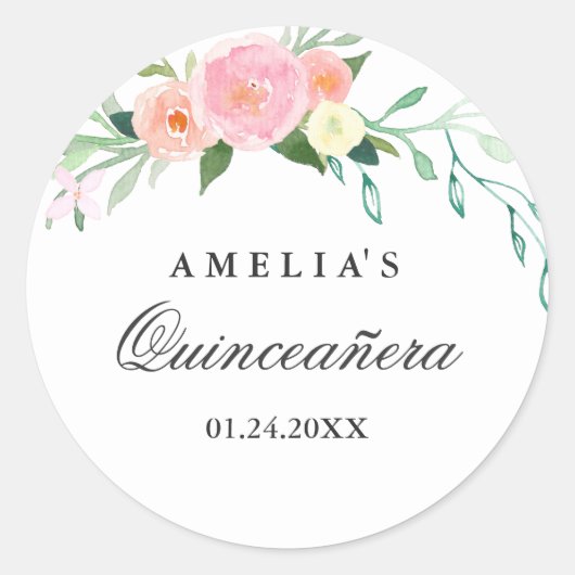 Botanische Bloemen Waterverf Quinceanera Sticker (Voorkant)