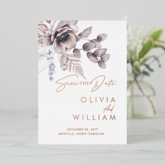 Botanische Bloemen Winter Kerstmis Save The Date Folie Uitnodiging (Staand Voorkant)