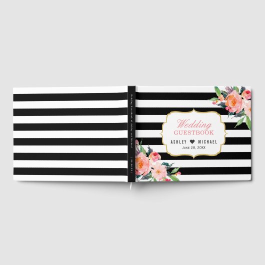 Botanische Bloemen Zwart Witte Strepen Trouwen Gastenboek (Volledig)
