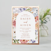 Botanische Bloemenboog Bruiloft Roos Goud Folie Uitnodiging (Staand Voorkant)