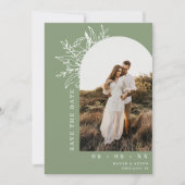 Botanische Bloemenboog Foto QR Code Sage Bruiloft Save The Date (Voorkant)