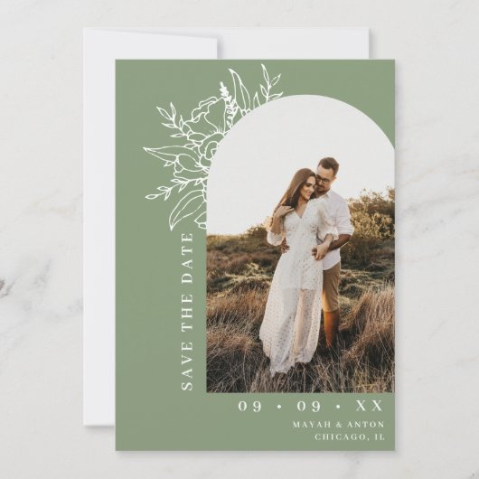 Botanische Bloemenboog Foto QR Code Sage Bruiloft Save The Date (Voorkant)