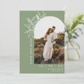 Botanische Bloemenboog Foto QR Code Sage Bruiloft Save The Date (Staand voorkant)