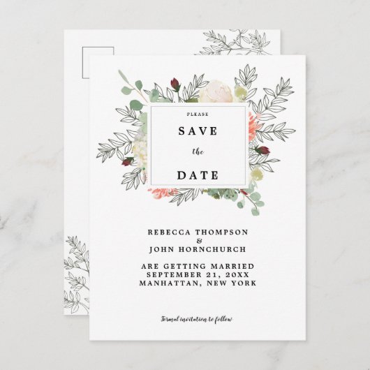 Botanische bloemenbruiloft Bewaar de datumkaart Aankondigingskaart (Voorkant / Achterkant)