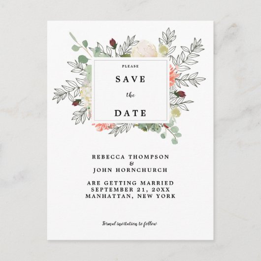 Botanische bloemenbruiloft Bewaar de datumkaart Aankondigingskaart (Voorkant)