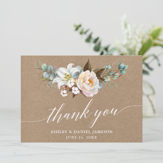 Botanische bloemenkalligrafie Kraft bruiloft Bedankkaart (Staand voorkant)