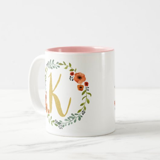 Botanische bloemenkrans goud monogram Initiaal K Tweekleurige Koffiemok (Voorkant links)