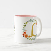 Botanische bloemenkrans goud monogram Initiaal L Tweekleurige Koffiemok (Voorkant rechts)