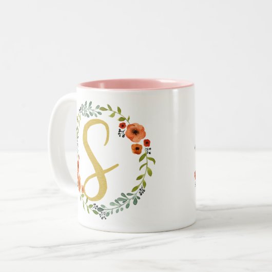 Botanische bloemenkrans gouden monogram Initiaal S Tweekleurige Koffiemok (Voorkant links)
