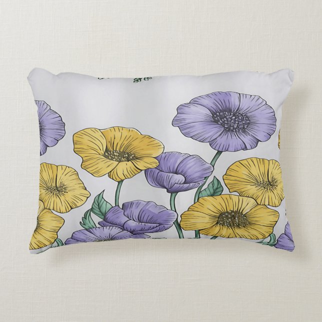 Botanische bloemenkussensloop – Paars & Geel Hand Accent Kussen (Voorkant)