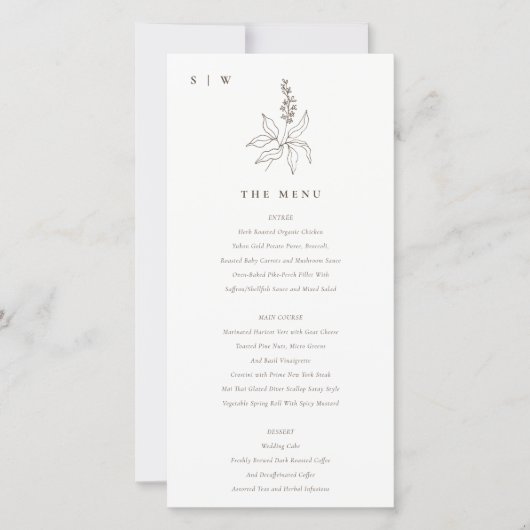 Botanische bloemenschets Monogram Huwelijksmenu ka Bedankkaart (Voorkant)
