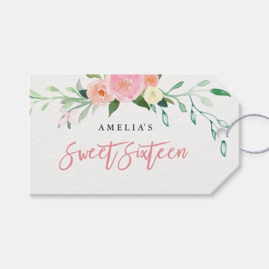 Botanische Bloemige Aquarel Sweet 16 Labels Cadeaulabel (Voorkant (Horizontaal))