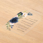 Botanische Bloemige Blush Navy Bruiloft Acryl Uitnodigingen (Laagn)