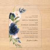 Botanische Bloemige Blush Navy Bruiloft Acryl Uitnodigingen (Voorkant)