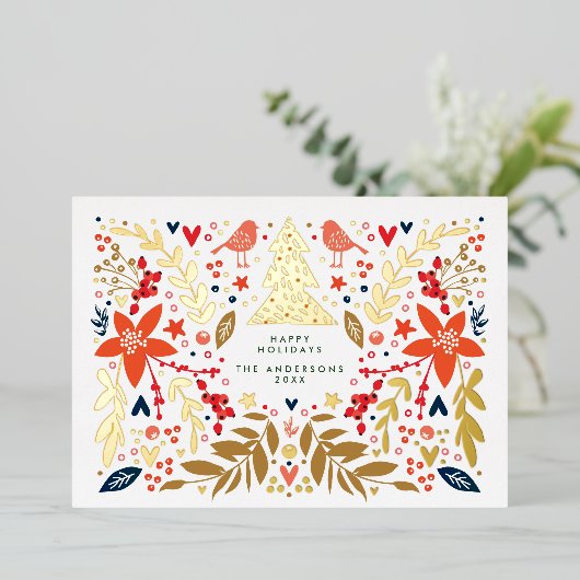 Botanische bloemige Kerst Foto op maat goud Folie Feestdagenkaart (Staand Voorkant)