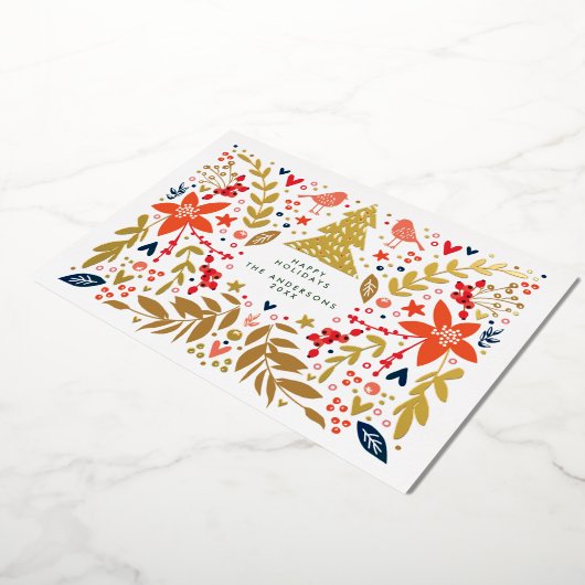 Botanische bloemige Kerst Foto op maat goud Folie Feestdagenkaart (Gedraaid)
