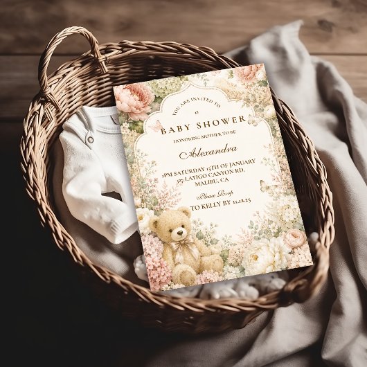 Botanische bloemige teddybeer babyshower kaart