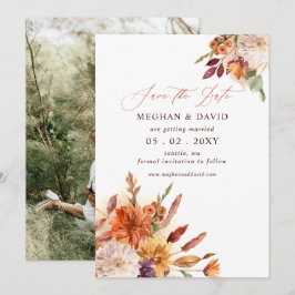 Botanische Bloemige Terracotta Herfst Trouwfoto Save The Date
