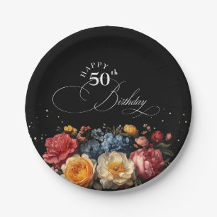 Botanische bloemige zwarte Happy Birthday Papieren Bordje