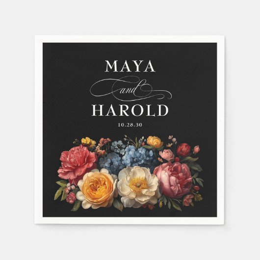Botanische Bloemige Zwarte Trouwdag Servet (Voorkant)