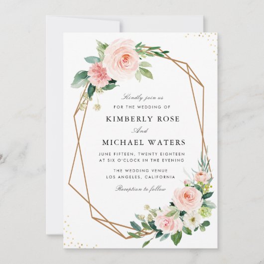 Botanische blos roze bloemige geometrische bruilof kaart (Voorkant)